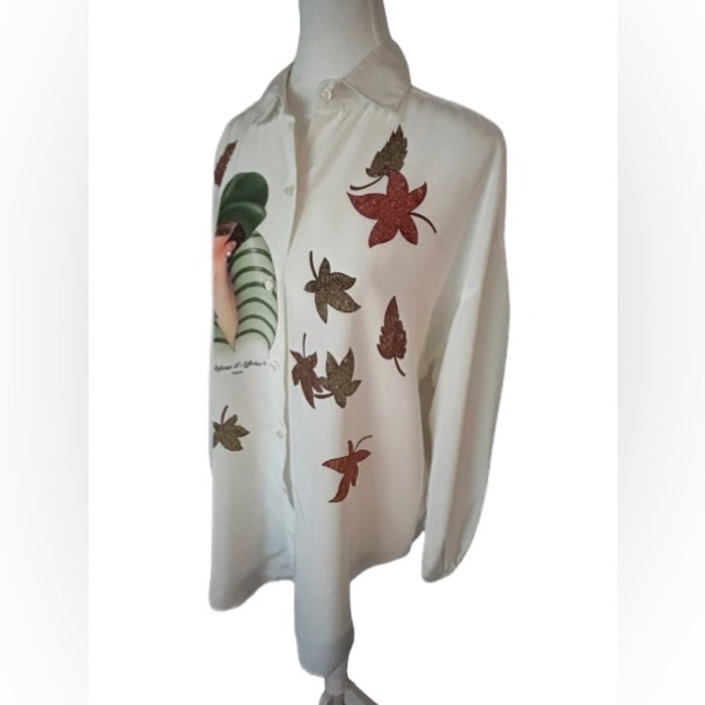 Stunning Autumn DEFENSE B’AFFICHER Blouse Leaf Medium Fall Shirt Top Vintage 90s - Picture 4 of 16